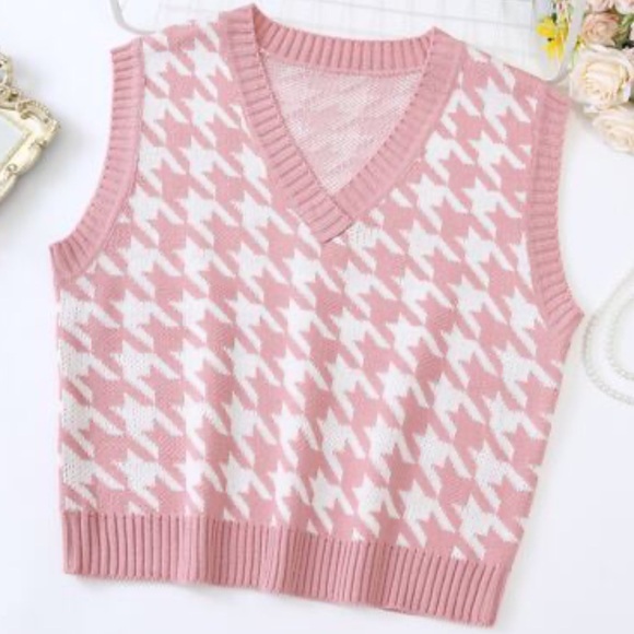 Vintage Sweaters - Pink Houndstooth sweater vest cotton‎ blend fall women’s size small